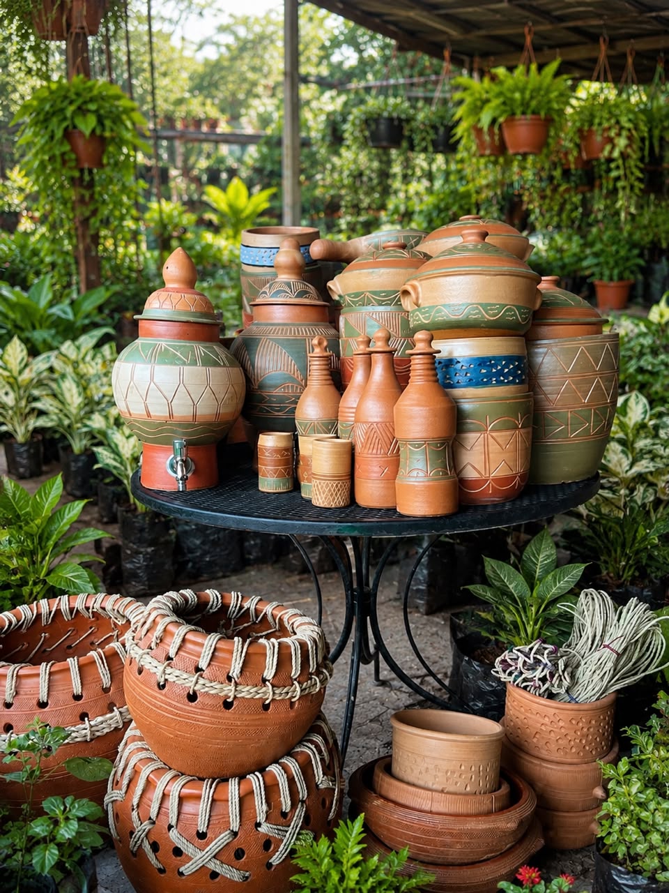 Hand-etched earthen pots, cups and planters at Anike Gardens